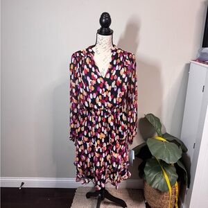 London Times Tiered Ruffle Dress Size 12 Colorful‎ Sheer Print Long Sleeve NWT
